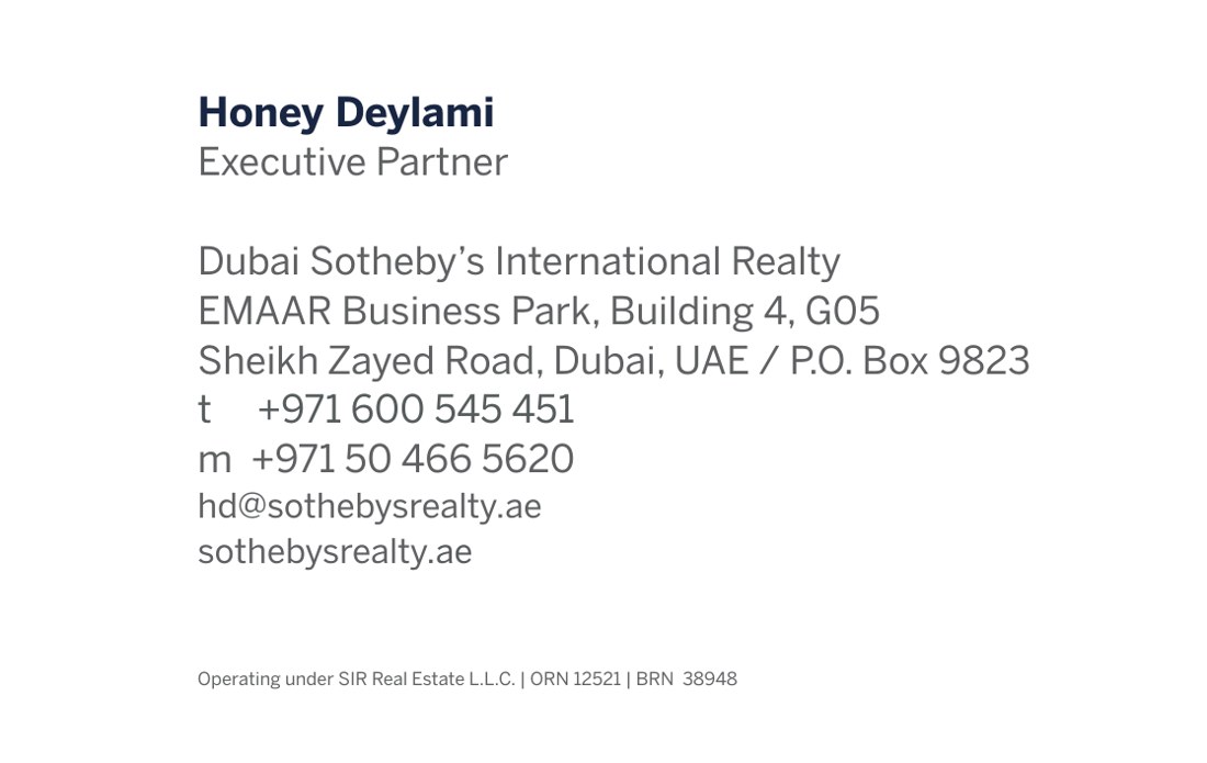 Business card back: Honey Deylami, Executive Partner, contact details